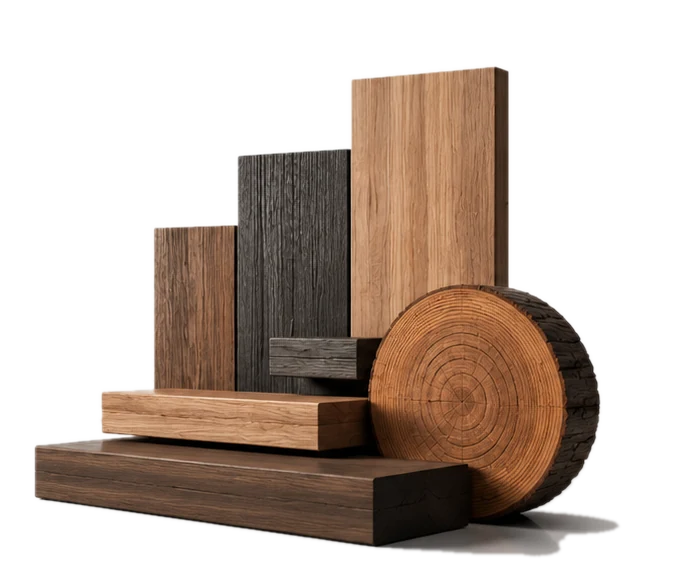Stacked timber planks and log cross-section